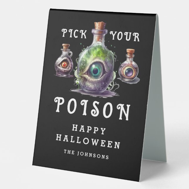 Pick your Poison Halloween Cocktail Party Tischaufsteller (Vorderseite)