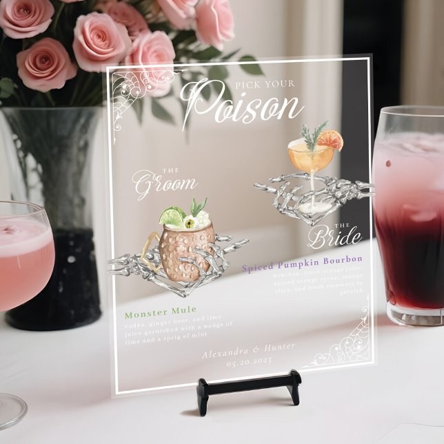 Pick your Poison Skelettbrille & Groom Cocktails Acrylschild (Pick Your Poison Skeleton Bride & Groom Cocktails Acrylic Sign)