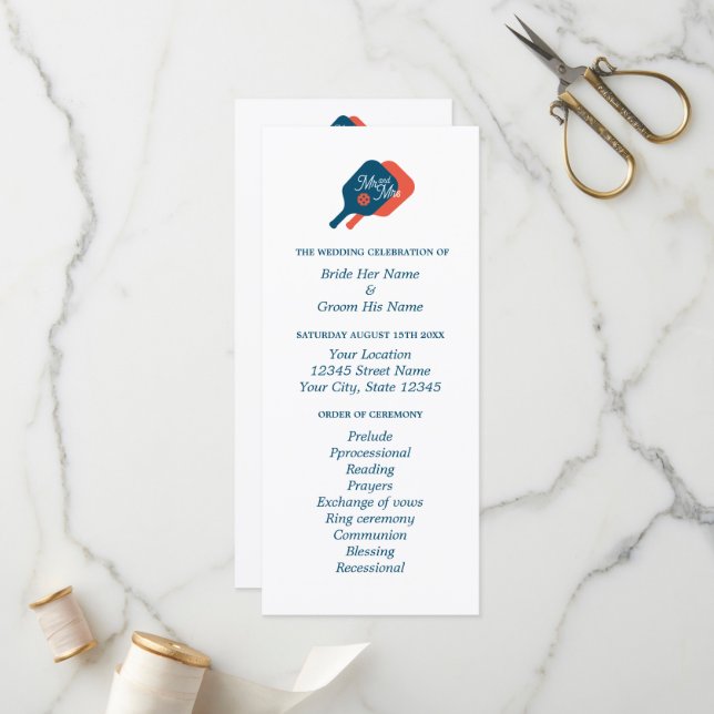 Pickleball amoureux programme de cérémonie mariage (Devant/Arrière en situation)