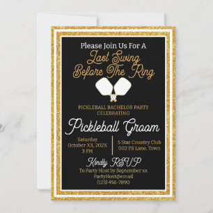 Pickleball Bachelor Party Black and Gold Glitzer Einladung
