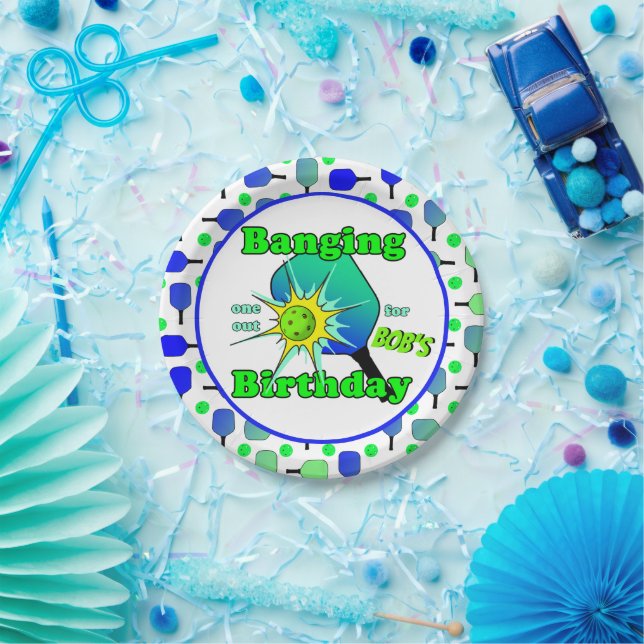 Pickleball Birthday Blue Green Paddle Ball Banging Pappteller (Party)