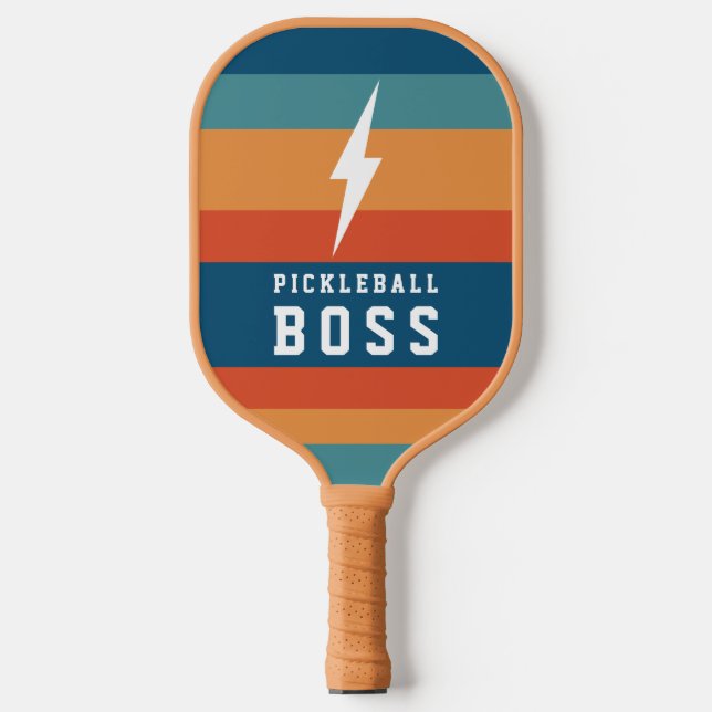 Pickleball Boss Lightning Bolt Retro Stripes Name  Schläger (Vorderseite)