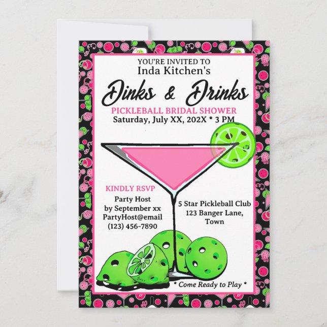 Pickleball Bridal Shower Dinks & Drinks Pink Black Einladung (Vorderseite)