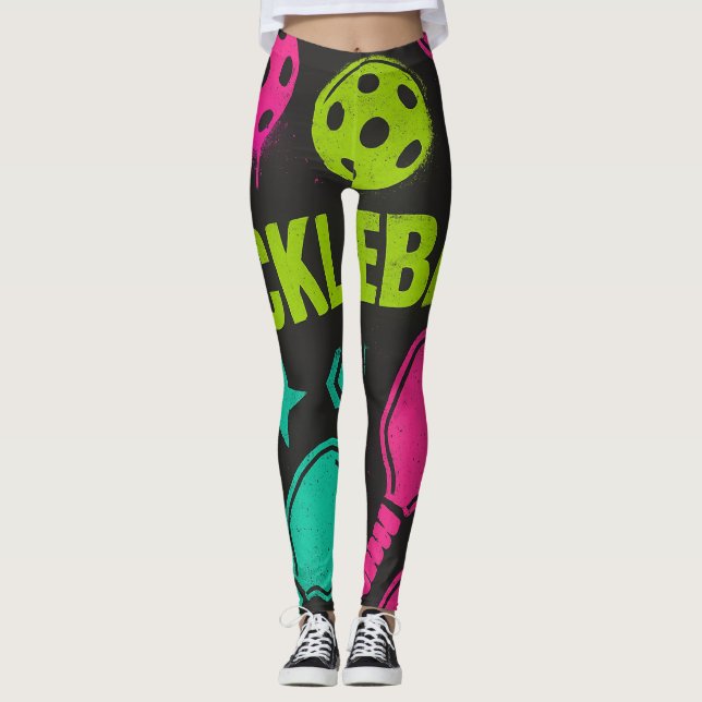 Pickleball Bright PINK BLAU GREEN PADDDLE Art Leggings (Vorderseite)