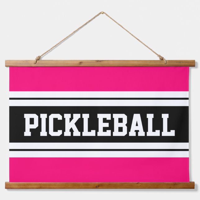PICKLEBALL Bright Pink Schwarz-weiß Racing Streife Wandteppich Mit Holzrahmen (Vorne)
