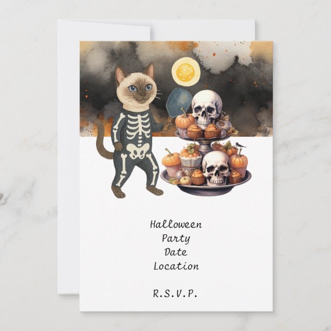 Pickleball Cat and Friends Host Halloween-Party Einladung (Vorderseite)