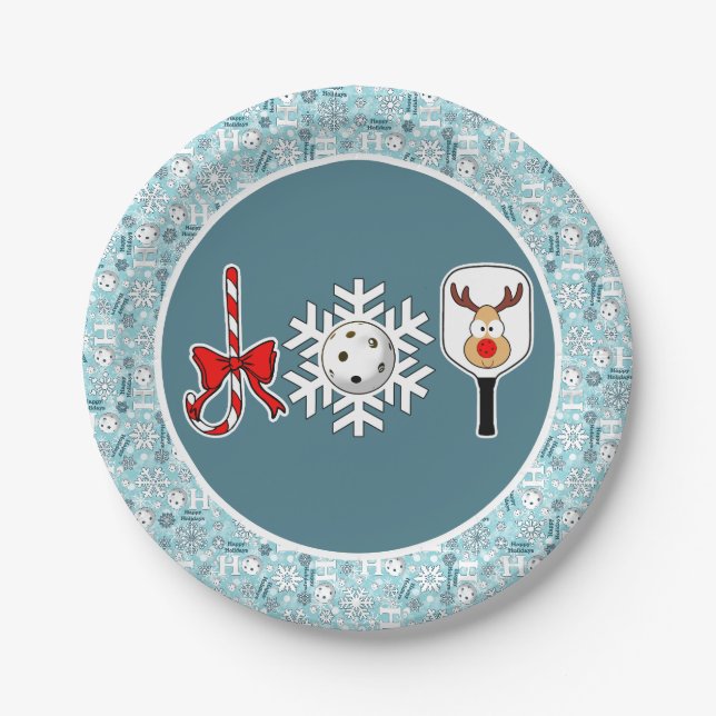 Pickleball Christmas Joy Blue und White Snowballs Pappteller (Vorderseite)