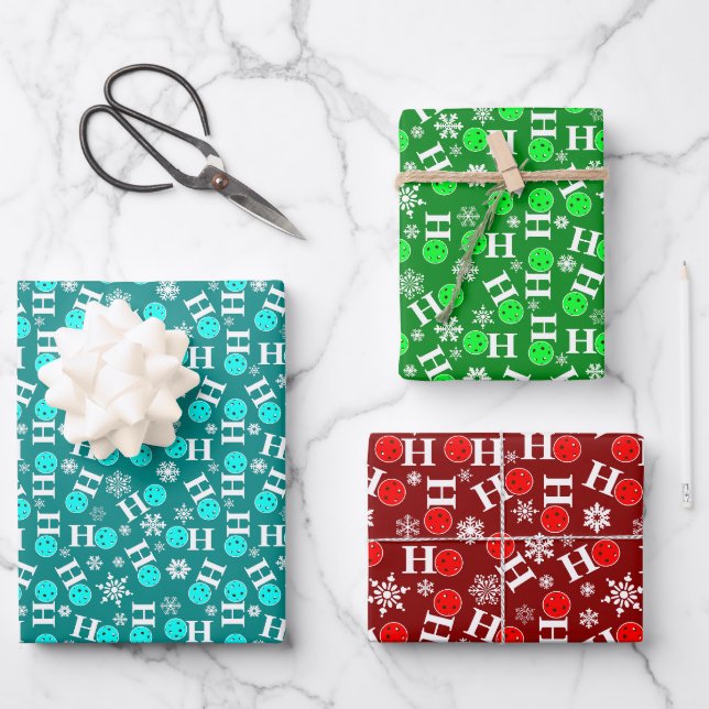 Pickleball Christmas Red Green Ho Ho Ho Ho Snow Geschenkpapier Set (Vorderseite)