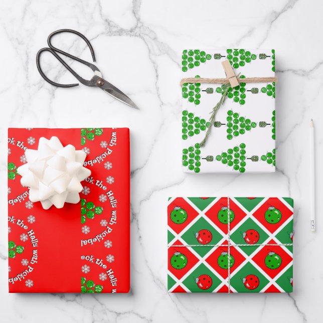 Pickleball Christmas Tree Deck the Halls Red Green Geschenkpapier Set (Vorderseite)