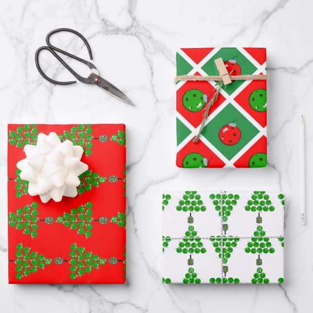 Pickleball Christmas Trees and Red Green Ornaments Geschenkpapier Set (Vorderseite)