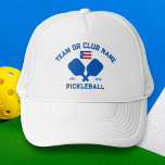 Pickleball Club Team Name Puerto Rico Flag Custom Truckerkappe<br><div class="desc">Stand out on the pickleball court with this stylish hat featuring crossed pickleball paddles, the flag of Puerto Rico, and your custom text. Personalize it easily to include your club name, team name, city, or any wording of your choice. You can also change the font and paddle colors - just...</div>