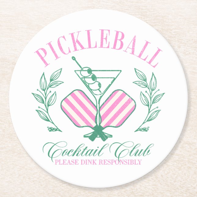 Pickleball Cocktail Club Runder Pappuntersetzer (Vorderseite)