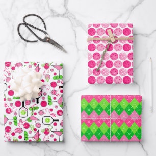 Pickleball-Cocktail Preppy Pink Grün Feier Geschenkpapier Set