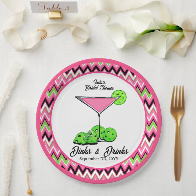 Pickleball Cosmo Dinks & Drinks Pink Argyle Pappteller (Hochzeit)