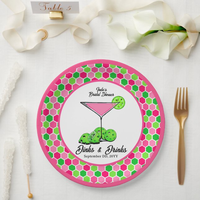 Pickleball Cosmo Dinks & Drinks Pink Honeycomb Pappteller (Hochzeit)