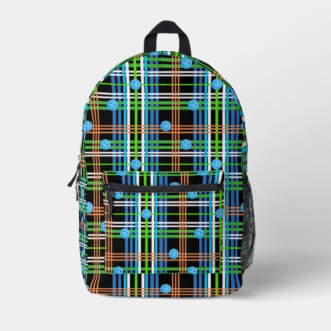 Pickleball Court Bag Black and Blue Kariert Bedruckter Rucksack (Vorderseite)