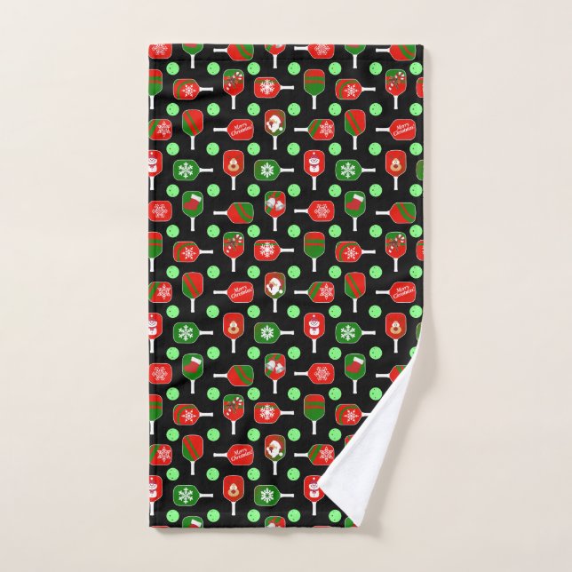 Pickleball de Noël Rouge Green Paddles Balls Noir (Serviette à main)