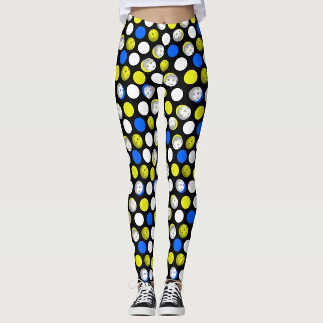 Pickleball Druck - grüne weiße blaue Tupfen Leggings (Vorderseite)