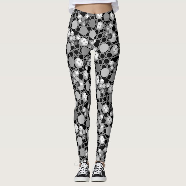 Pickleball Druck, Schwarzes, Weiß und Grau Leggings (Vorderseite)