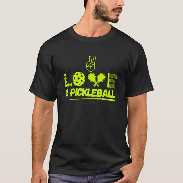 Pickleball Frieden und Liebe Pickleball Paddle Din T-Shirt (Vorderseite)
