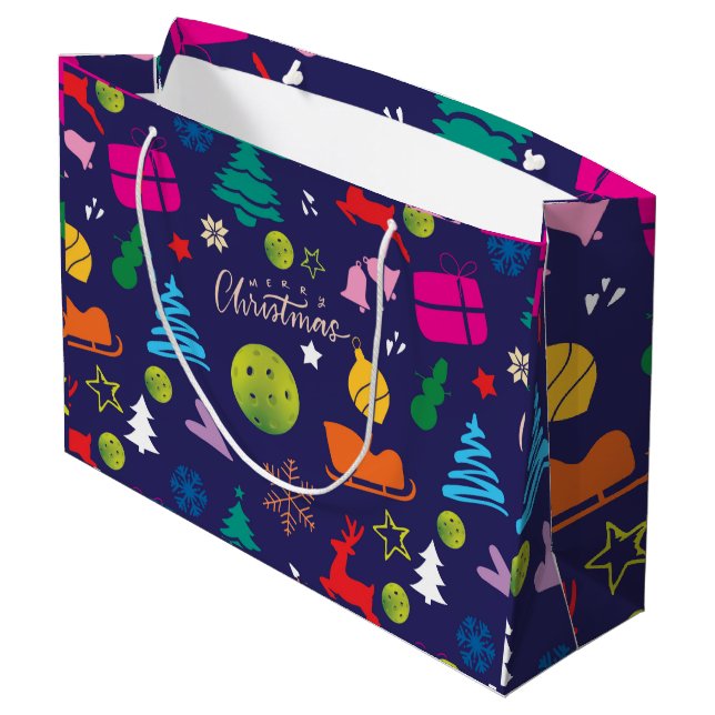 Pickleball 🎄 Frohe Weihnachts Wrapping Marine bla Große Geschenktüte (Rückseite Schrägansicht)