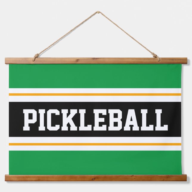 PICKLEBALL Fun Hellgrüne, gelbe schwarze Streifen Wandteppich Mit Holzrahmen (Vorne)