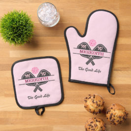 Pickleball Gaspedal Paddle Rosa Monogramm Vorname Ofenhandschuh & Topflappen-Set