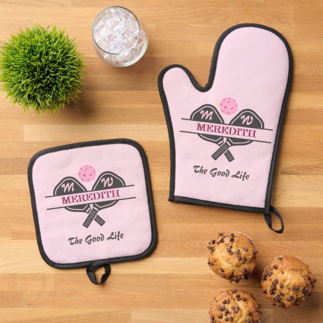 Pickleball Gaspedal Paddle Rosa Monogramm Vorname Ofenhandschuh & Topflappen-Set (Oben Unten)