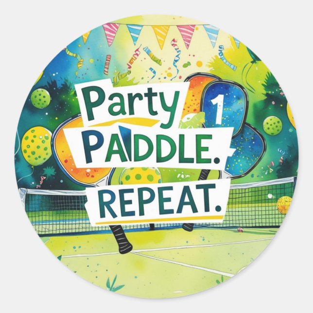 Pickleball Geburtstag Thema"Party. Paddel. Wiederh Runder Aufkleber (Vorderseite)