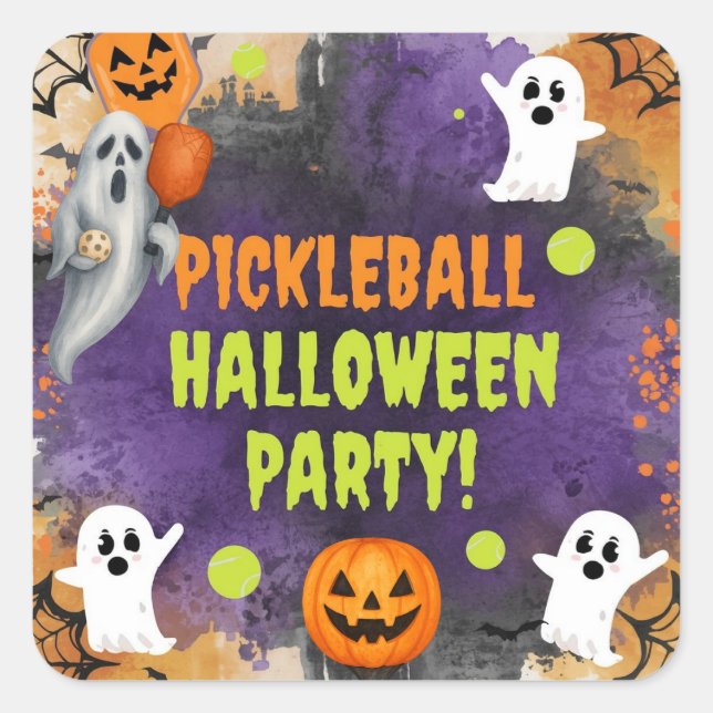 Pickleball-Halloween-Party mit Paddel und Ball Quadratischer Aufkleber (Vorderseite)