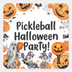 Pickleball-Halloween-Party mit Paddel und Ball Quadratischer Aufkleber