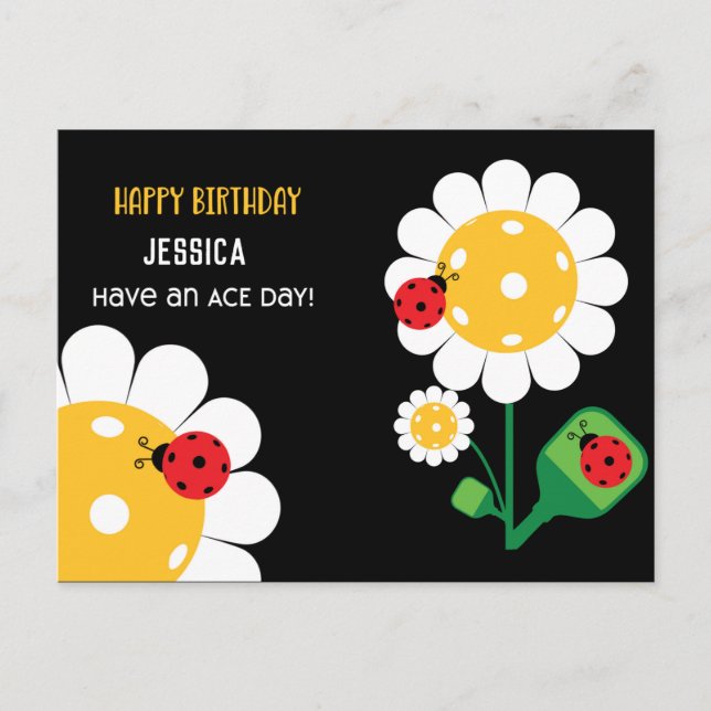 Pickleball Happy Birthday Black Customizable Card Postkarte (Vorderseite)