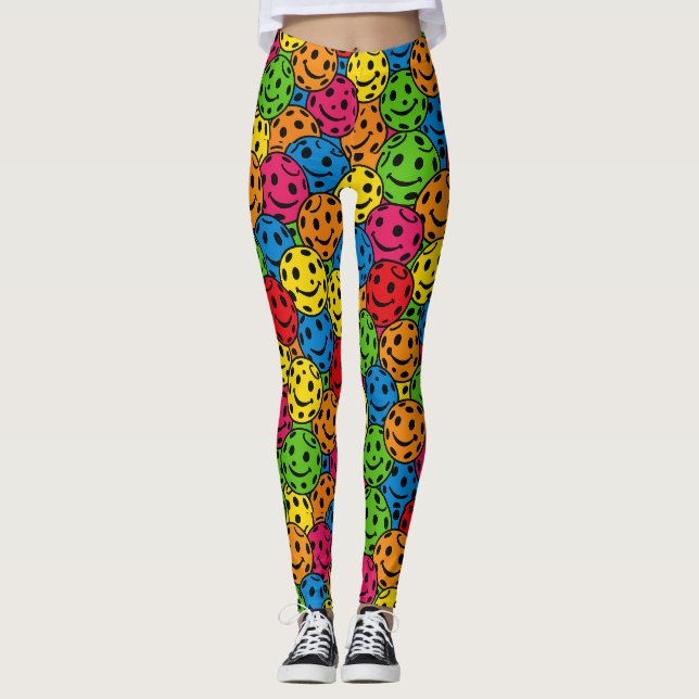 Pickleball Happy Retro Smiley Pattern Leggings (Vorderseite)