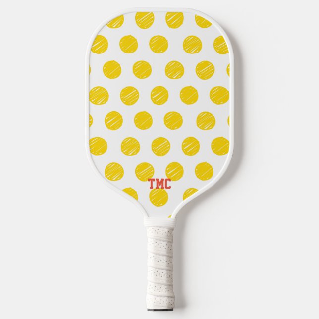 Pickleball Initials Yellow Polka Dot Sports Schläger (Vorderseite)