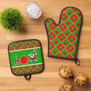 Pickleball Joy Christmas Party Rote Grüne Ornament Ofenhandschuh & Topflappen-Set