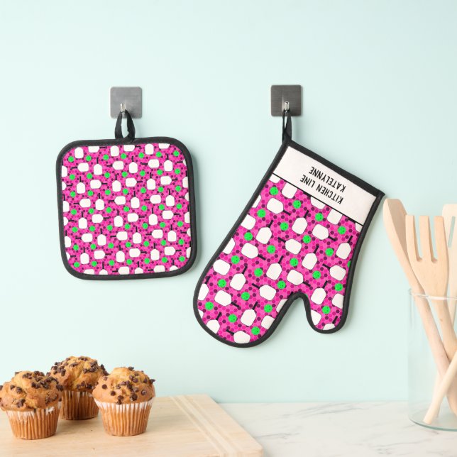 Pickleball Kitchen Line personalize Magenta Green Ofenhandschuh & Topflappen-Set (Insitu (Hängend))