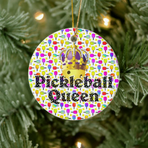 Pickleball-Königin Gelber Ball in Krone Bunt Keramik Ornament