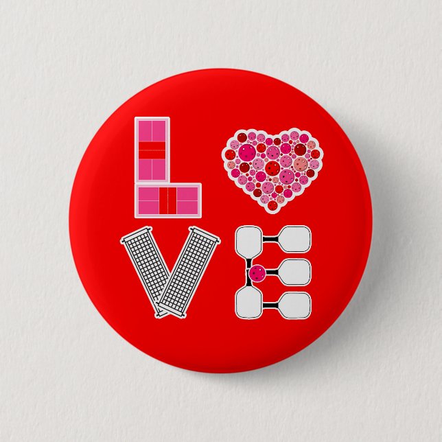 Pickleball Liebe Heart Court Balls Paddle Red Pink Button (Vorderseite)