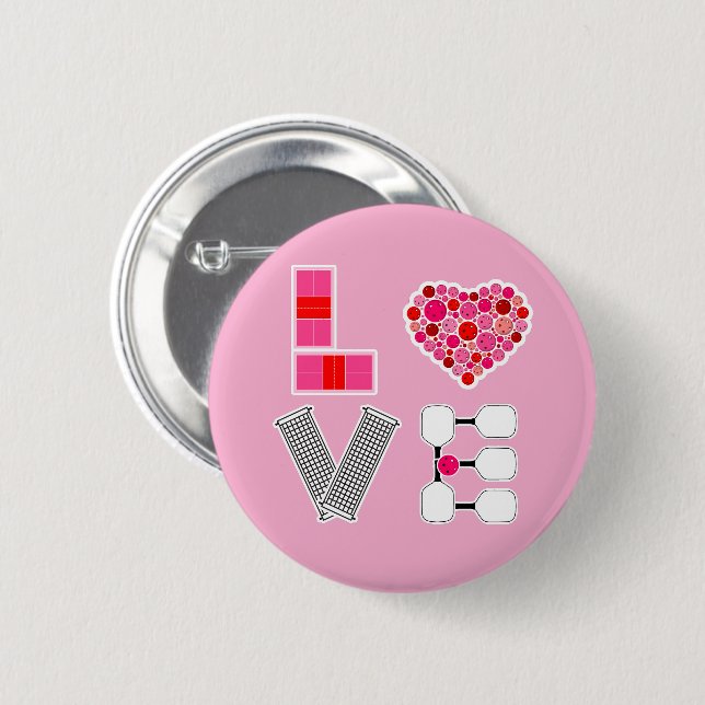 Pickleball Liebe Heart Court Balls Paddle Rosa Button (Vorne & Hinten)