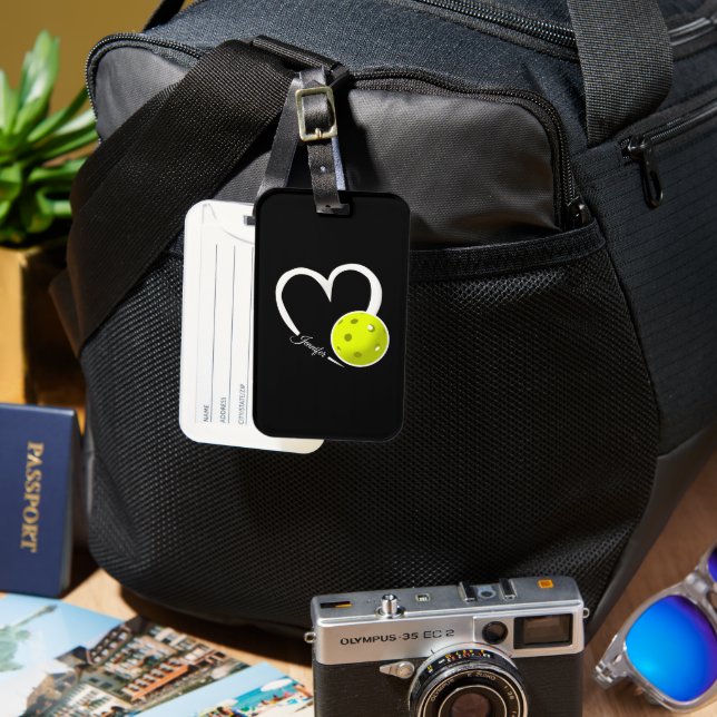 Pickleball-Liebe Personalisiert Weiß und Gelb Ball Gepäckanhänger (Vorderseite & Rückseite)