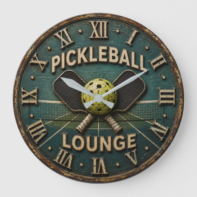 Pickleball Lounge Rustic Paddle & Ball Große Wanduhr (Vorderseite)