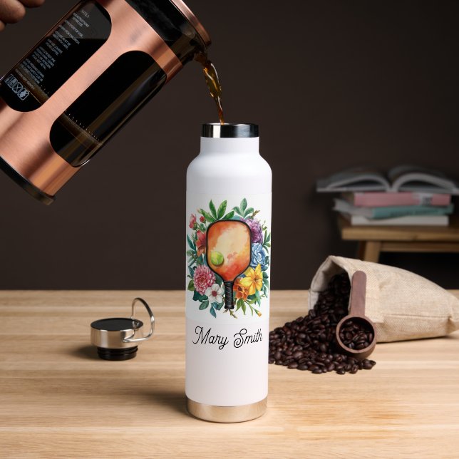Pickleball mit schönen Blumen Trinkflasche (Kaffee (gedreht))