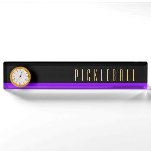 PICKLEBALL - Moderne Lila Schwarz-Farbblock-Uhr Namensplakette