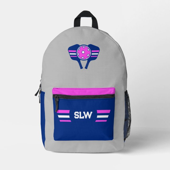 Pickleball Monogram Grau, Navy Blue & Pink Bedruckter Rucksack (Vorderseite)