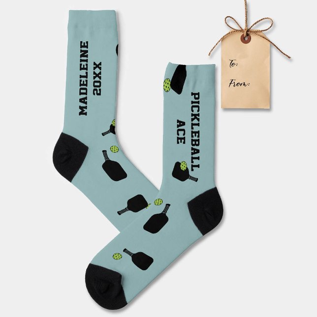 Pickleball Muster Paddle Ball Aquamarin Personalis Socken (pickleball gift personalized socks paddles ball name text modern teal black)