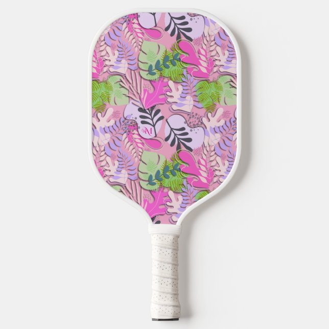 Pickleball Paddle: Abstrakte Blätter (rosa/lila) Pickleball Schläger (Vorderseite)