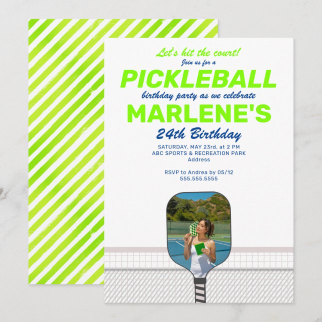 Pickleball Paddle Foto Dink Preppy Birthday Party Einladung (Vorne/Hinten)