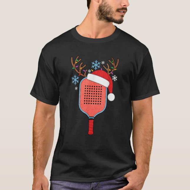 Pickleball Paddle Player Christmas Lights Reindeer T-Shirt (Vorderseite)