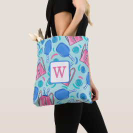 Pickleball Paddle und Balls Blue Preppy Monogram Tasche