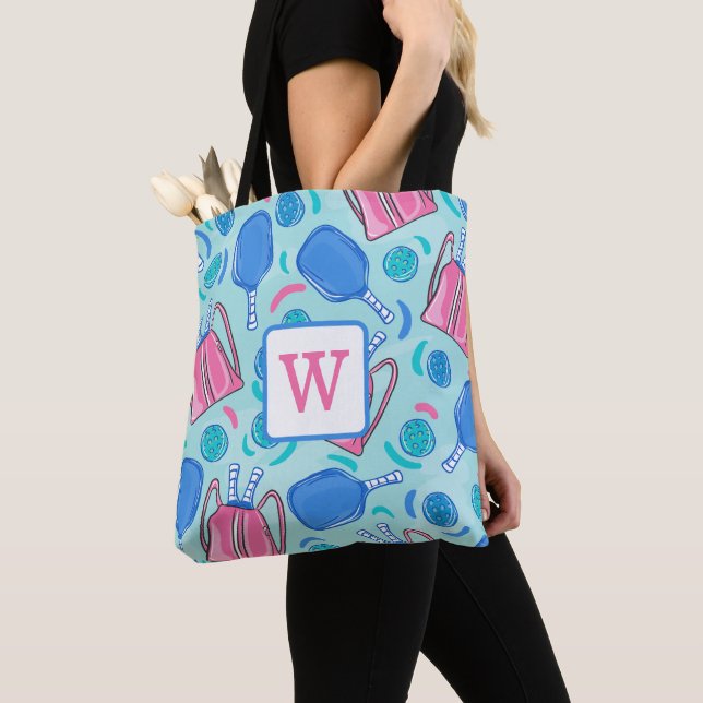 Pickleball Paddle und Balls Blue Preppy Monogram Tasche (Von Nahem)